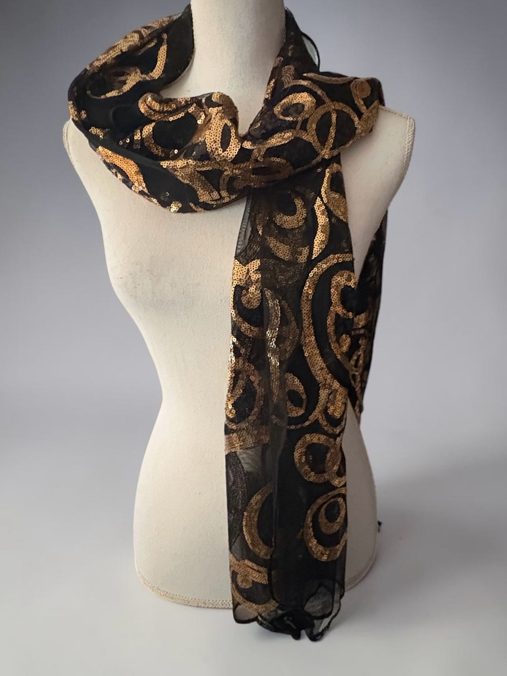 Cejon Black and Gold Sequin Swirl Scarf